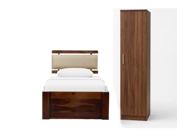 Belle Solid Wood Single Bed with 4 Inches Mattress Rio Engineered Wood Wardobe
